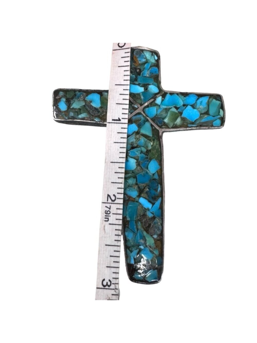 3" Fred Harvey Era Old Pawn Turquoise Chip Inlay Large Cross Pendant Sterling Si - Picture 9 of 9
